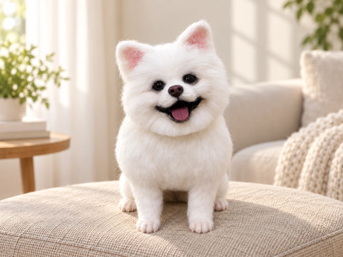 Full body white Pomeranian wool sculpture on linen